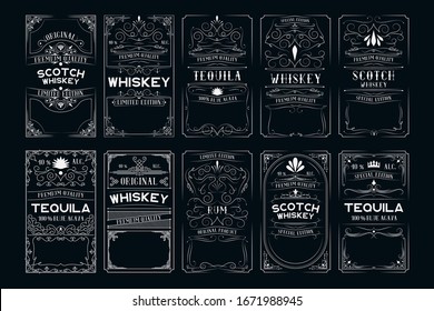 Big hand drawn set of vintage ornate labels with lettering for pub. Premium alcohol frames for tequila, scotch, whiskey bottles in drink bar.