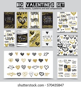 Big hand drawn St. Valentine's Day set with love doodle sketch lettering compositions, hearts, seamless patterns and greeting card designs