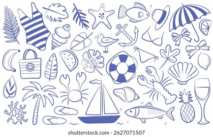 Big hand drawn summer doodle set with tropical, nautical, and vacation elements including swimsuit, crab, anchor, shell, leaf, umbrella, and fruit. Vector illustration for print and design projects.