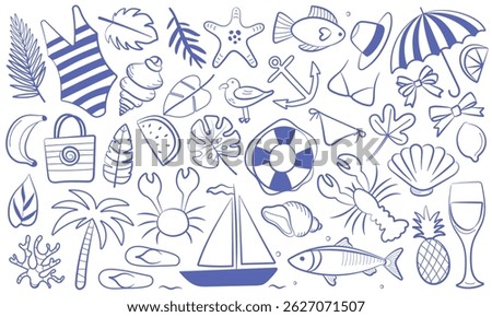 Big hand drawn summer doodle set with tropical, nautical, and vacation elements including swimsuit, crab, anchor, shell, leaf, umbrella, and fruit. Vector illustration for print and design projects.
