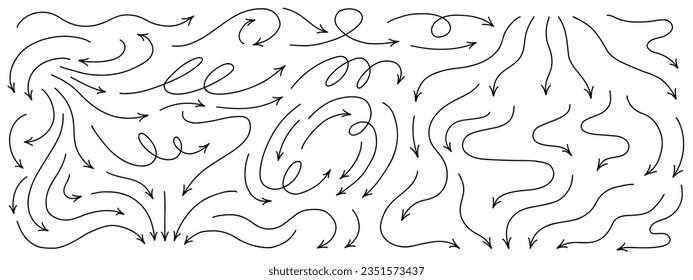 Big hand drawn thin line arrows set. Vector curvy and wavy arrows and arrows bunches isolated on white background.
