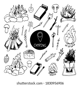 Big hand drawn vector campfire clip art set. Isolated on white background drawing for prints, poster, cute stationery, travel design. High quality illustrations