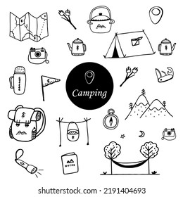 Big hand drawn vector campfire clip art set. Isolated on white background drawing for prints, poster, cute stationery, travel design. High quality illustrations