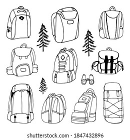 Big hand drawn vector camping backpacks clip art set. Isolated on white background drawing for prints, poster, cute stationery, travel design. High quality illustrations