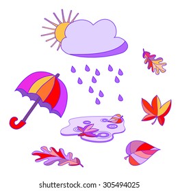 Big hand drawn vector package of autumn objects. Autumn leaves,  sun, clouds, puddle, rain, umbrella