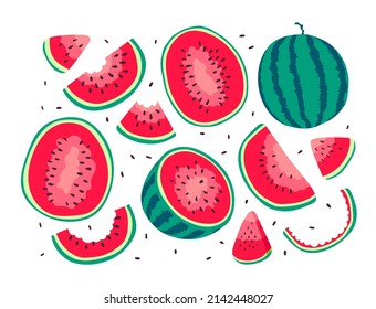 Big hand drawn vector watermelons icons set. Cartoon watermelon red slices, half sliced and whole green striped watermelons on white background. Cute flat summer fresh fruits