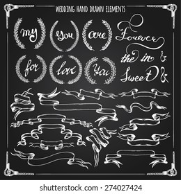 Big hand drawn wedding graphic set of laurels, wreaths, ribbons, hearts and hand lettered elements on chalkboard in vector