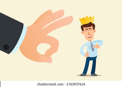 Big hand flicks away a bastard, upstart and impostor. Finger flicking a bouncer and liar. Braggart with a crown on his head. Vector illustration, flat design, cartoon style, isolated background.