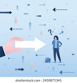 Big hand with giant arrow. Thinking businesswoman is looking for right way. Business uncertainty concept. Mentorship, business coach help searching path. New opportunities. flat vector illustration