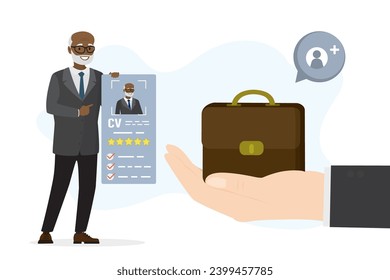 Big hand give briefcase after job interview. Elderly african american candidate holds resume. Employment process. New aged male employee, recruitment concept. Team building. Flat vector illustration