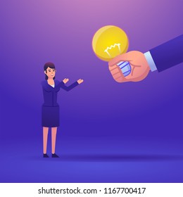 Big hand give idea light bulb to businesswoman. Startup mentorship, support, help in business. Colorful design vector illustration