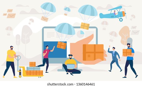 Big Hand Gives Box Through Monitor. People Characters Shopping. Express Delivery. Online Application. E-commerce Sales, Marketing Digital Technology, Parachutes with Parcels. Flat Vector Illustration