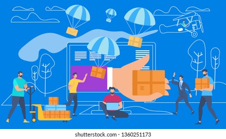 Big Hand Gives Box Through Monitor. People Characters Internet Shopping . Parachutes Express Delivery. Online Application. E-commerce Sales, Digital Technology Systems Cartoon Flat vector illustration