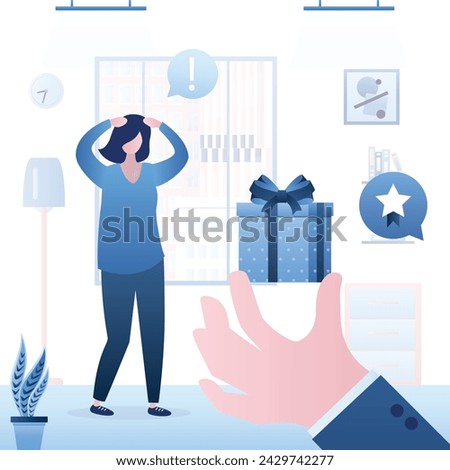 Big hand gives gift. Surprised, happy woman receiving gift box. People celebrating. Celebrating Birthday or Valentine day. Room interior, characters in trendy blue style. Flat Vector illustration