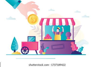 Big hand gives gold coin to small business. Local business support, insurance concept. Direct targeted financial assistance. Fruit stall and male worker. Lending, subsidies and tax cuts. Flat Vector