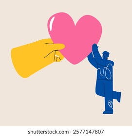 Big hand gives heart to man. Support concept. Colorful vector illustration
