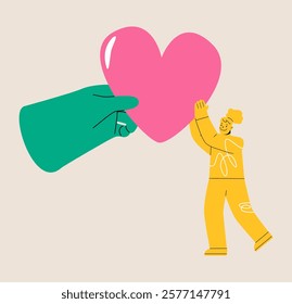 Big hand gives heart to woman. Support concept. Colorful vector illustration
