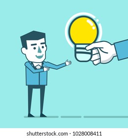 Big hand gives idea light bulb to businessman. Get the idea from the patron, partner. Simple style vector illustration
