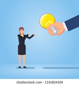 Big hand gives idea light bulb to businesswoman. Business boost, help, startup. Flat design vector illustration