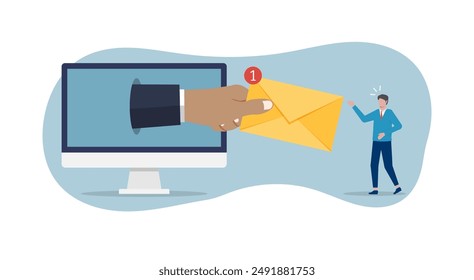 A big hand gives a letter to a man from a computer monitor. Newsletter and advertising about a product or service, working business correspondence of company employees. Communication by e-mail