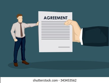 Big hand giving business contract to small cartoon businessman. Creative vector illustration on business agreement concept isolated on green background.