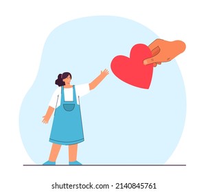 Big hand giving heart to little girl. Family adopting or taking care child flat vector illustration. Children day or care, love, adoption, charity concept for banner, website design or landing page