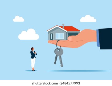 Big hand giving house and set of house keys. Purchase and pick real estate home. Property speculation.