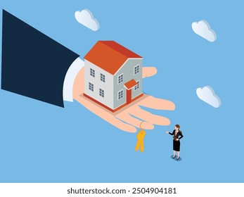 Mano grande dando casa y juego de llaves de la casa. Compra y compra de una casa de bienes raíces. Especulación de propiedades Ilustración vectorial isométrica 3d