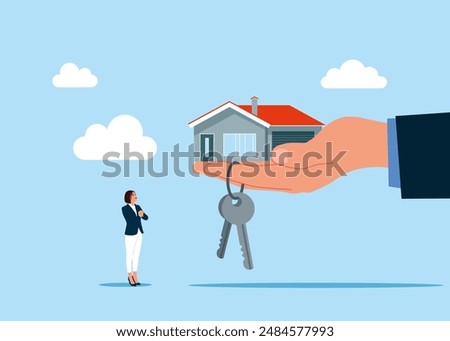 Big hand giving house and set of house keys. Purchase and pick real estate home. Property speculation.