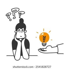 big hand giving light bulb to confused person in doodle drawing cartoon
