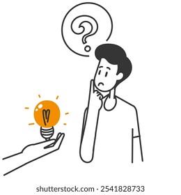 big hand giving light bulb to confused person in doodle drawing cartoon