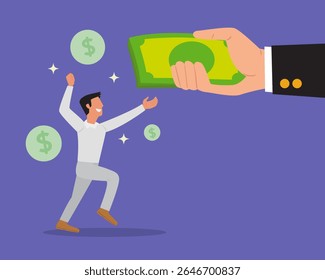 Big hand giving money banknote to the man. Money cash Concept. Illustration Vector Cartoon.