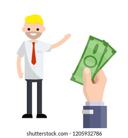 Big hand with green cash. A man in a suit with a tie waving. Office worker gets paid.

