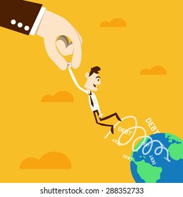 Big hand help business man escape from world of debt