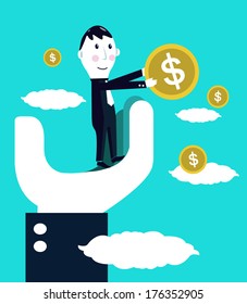 Big hand help Businessman catching money. Business concept.vector