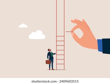 Big hand help tiny businessman build ladder. Climb up. Flat vector illustration