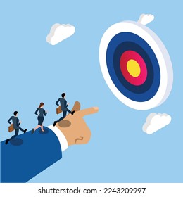 Big hand helping business people reach the target point isometric 3d vector illustration concept for banner, website, illustration, landing page, flyer, etc.