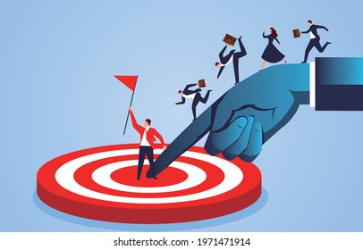 Big hand helping businessman reach the target point, business cooperation concept illustration