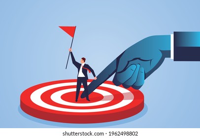 Big hand helps the businessman reach the finish line to get the flag