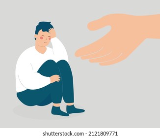 A Big Hand Helps A Young Man To Get Rid Of Stress And Depression. A Male Crying And Covering His Face. Lonely Boy Needs Support And Care Because Of Anxiety, Mental Health Illness Concept. Vector.