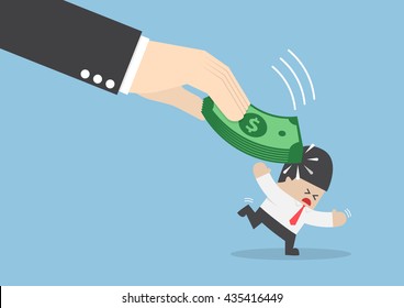 Big hand hit businessman head by dollars banknote, bribe, bribery, corruption concept