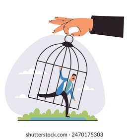 Big hand hold birdcage and catching people isolated concept. Vector graphic design illustration