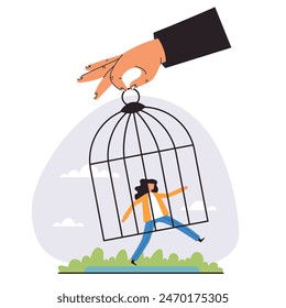 Big hand hold birdcage and catching people isolated concept. Vector graphic design illustration