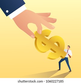 big hand hold dollar icon with businessman. cheat money vector illustration