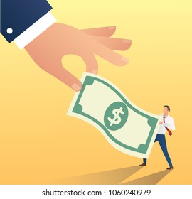 big hand hold dollar icon with businessman. cheat money vector illustration