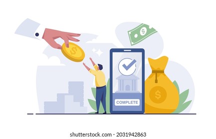 big hand hold dollar icon with businessman. Sending money via smartphone. Payment application.