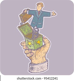 Big hand hold a jack in the box toy with businessman instead of the puppet power concept in engrave style