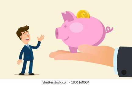 Big hand hold piggy bank with money for worker, company bonus. Businessman is offered a bank loan. Man received a lot of money as an inheritance. Vector illustration, flat cartoon style, isolated.