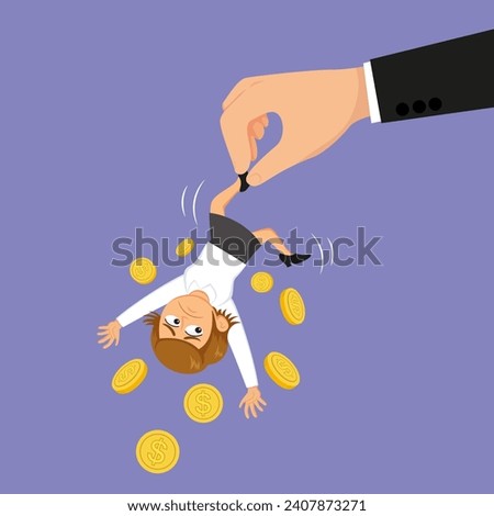 Big hand hold and shake money from a small businesswoman. illustration vector cartoon.