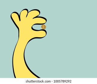 Big hand hold small coin bitcoin. Symbol exchange rate crypto currency. Vector illustration